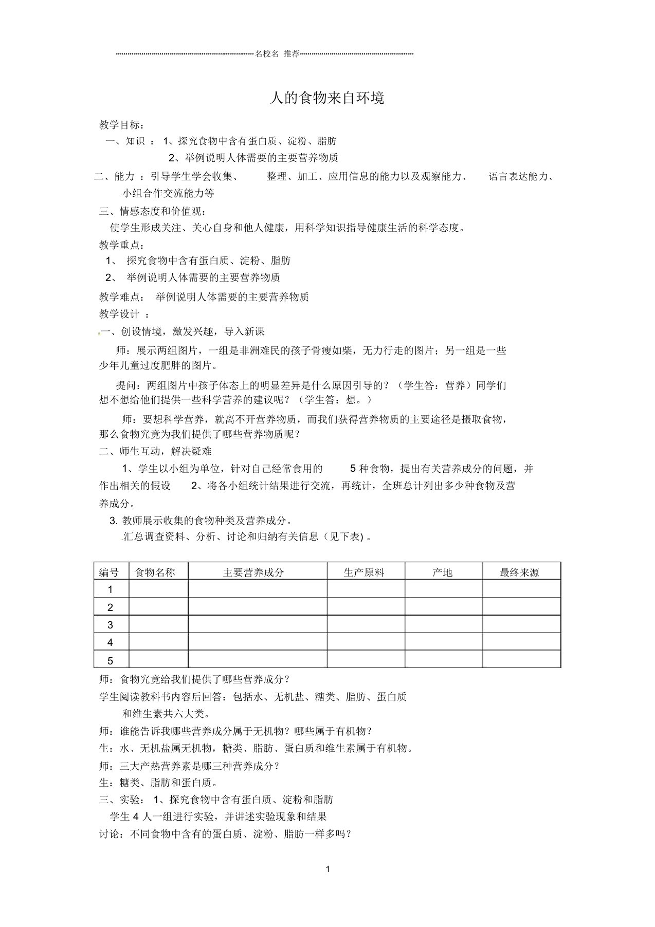 山东省龙口市诸由观镇诸由中学初中七年级生物下册第9章人的食物来自环境名师精选教案苏教版(新版)新