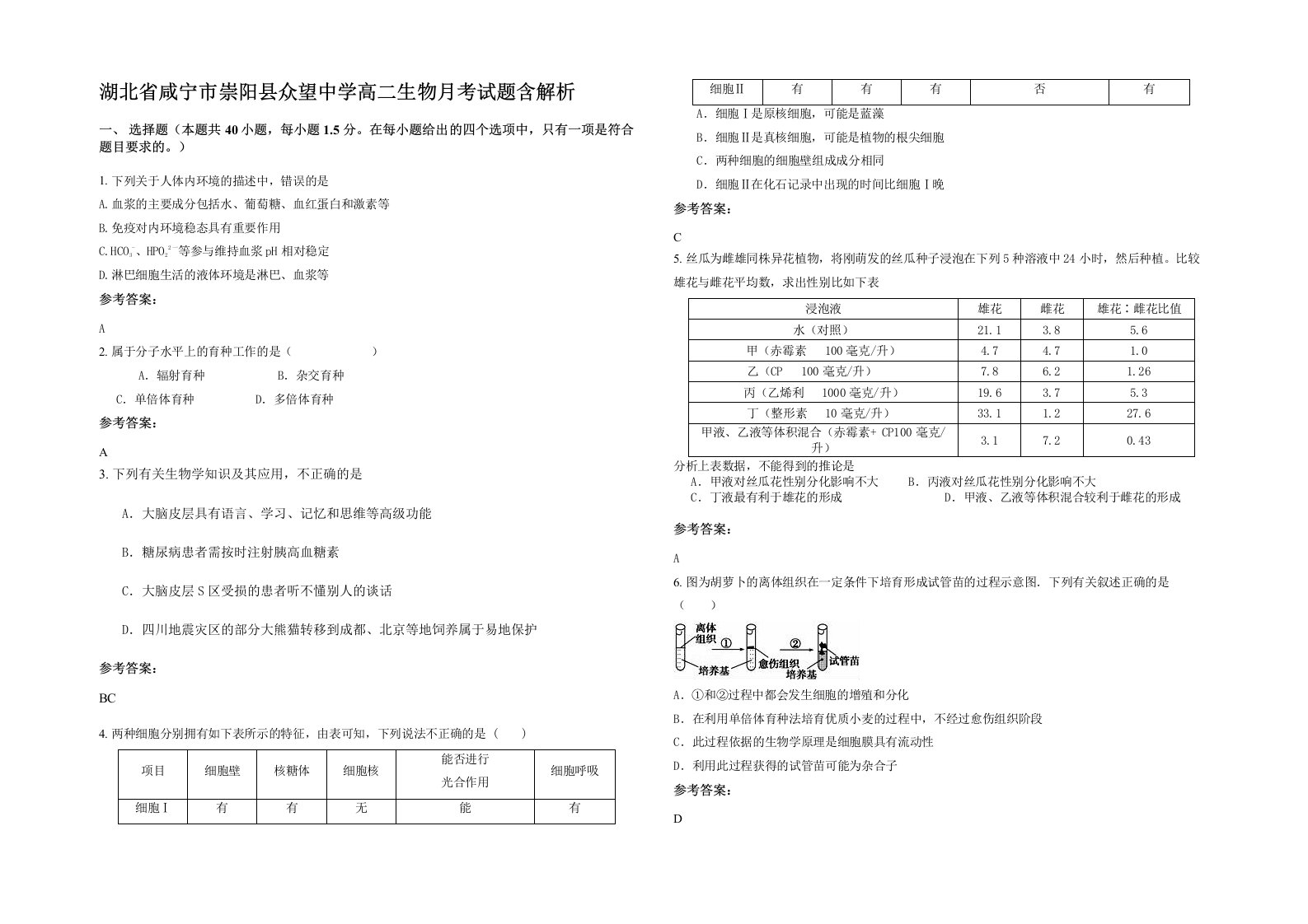 湖北省咸宁市崇阳县众望中学高二生物月考试题含解析