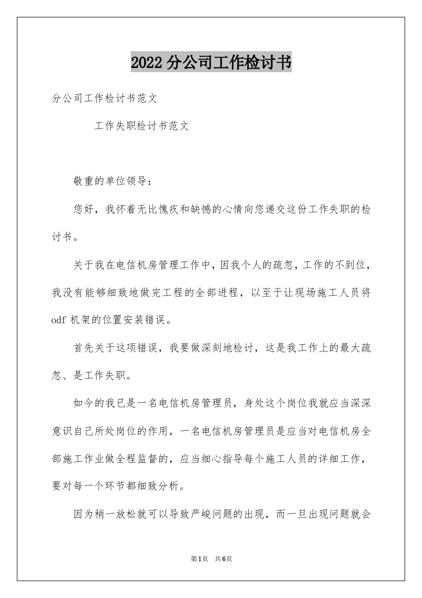 2022分公司工作检讨书