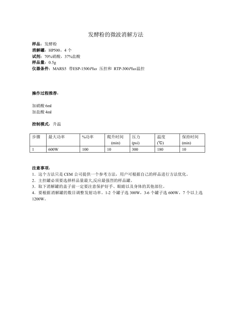 发酵粉的微波消解方法