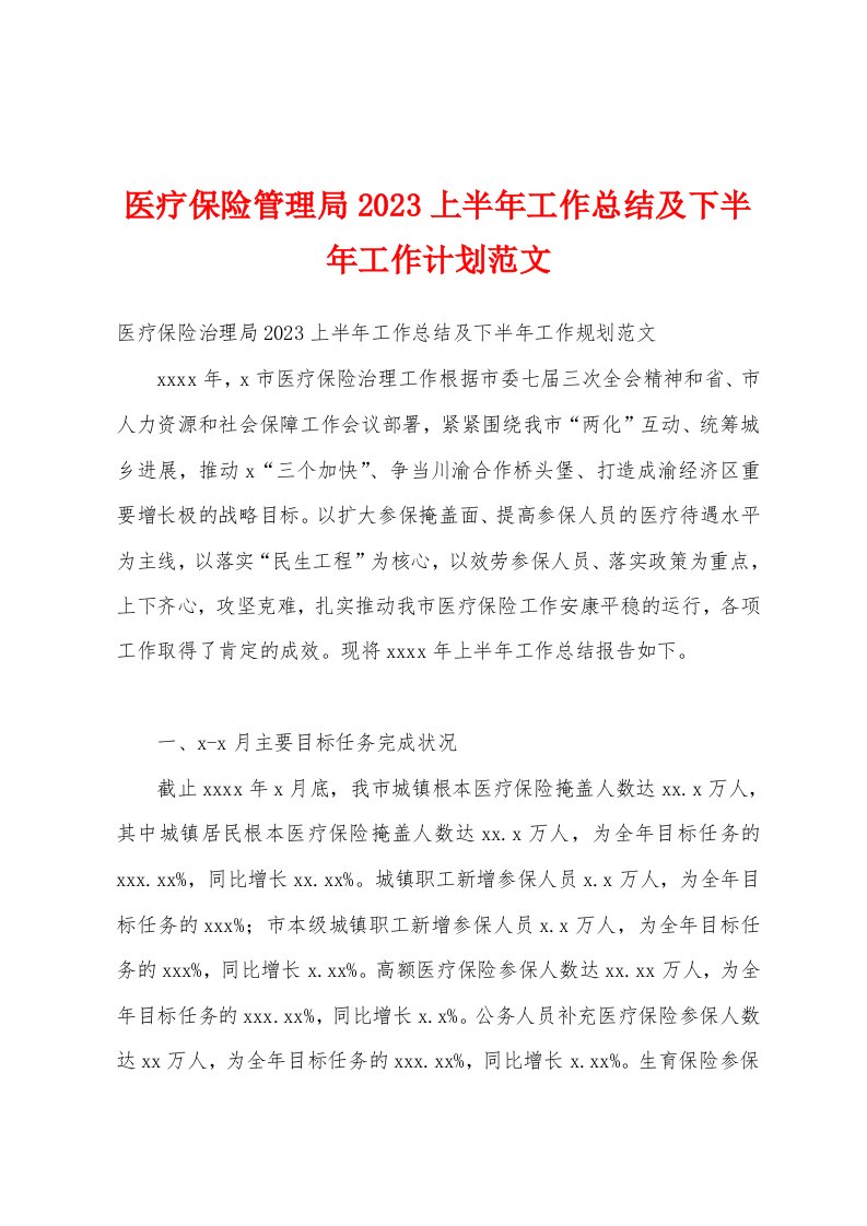 医疗保险管理局2023年上半年工作总结及下半年工作计划范文