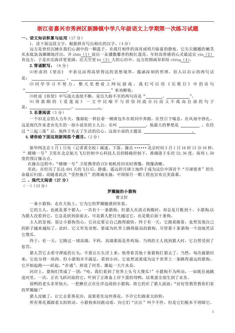 浙江省嘉兴市秀洲区新塍镇中学八级语文上学期第一次练习试题