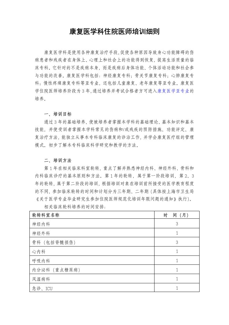 康复医学科住院医师培训细则