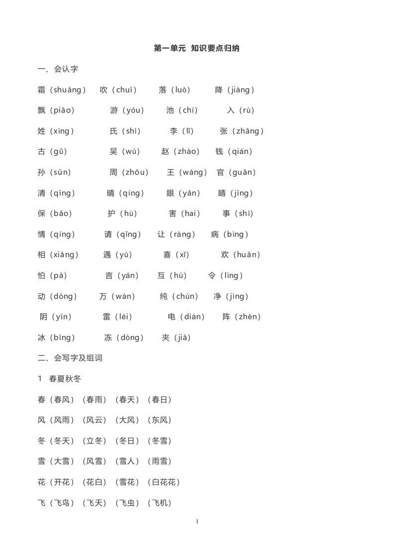 人教版语文一年级下册第一单元-知识要点归纳