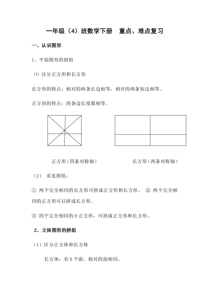 人教一年级数学下册重点难点