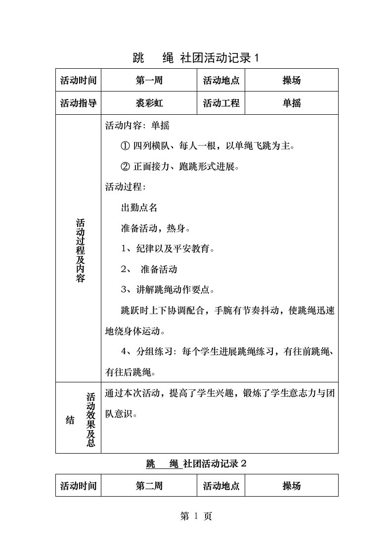 跳绳活动记录表