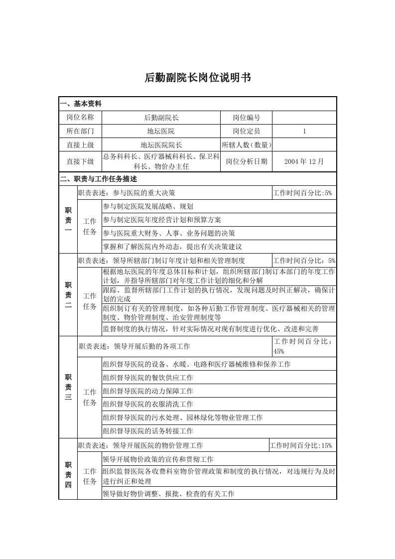 某医院后勤副院长岗位说明书