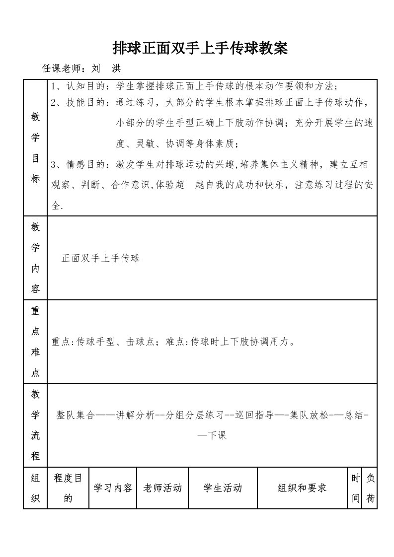 排球正面双手上手传球教案