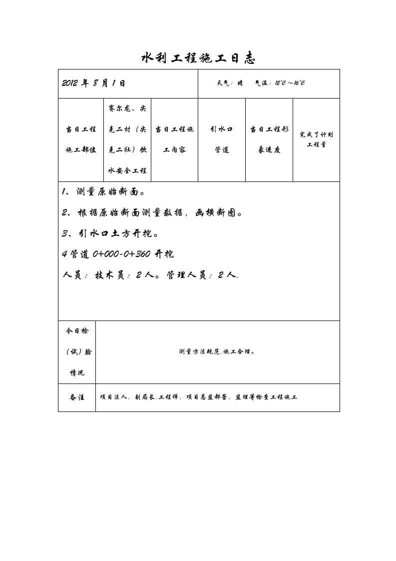 农村供水水利工程施工日志