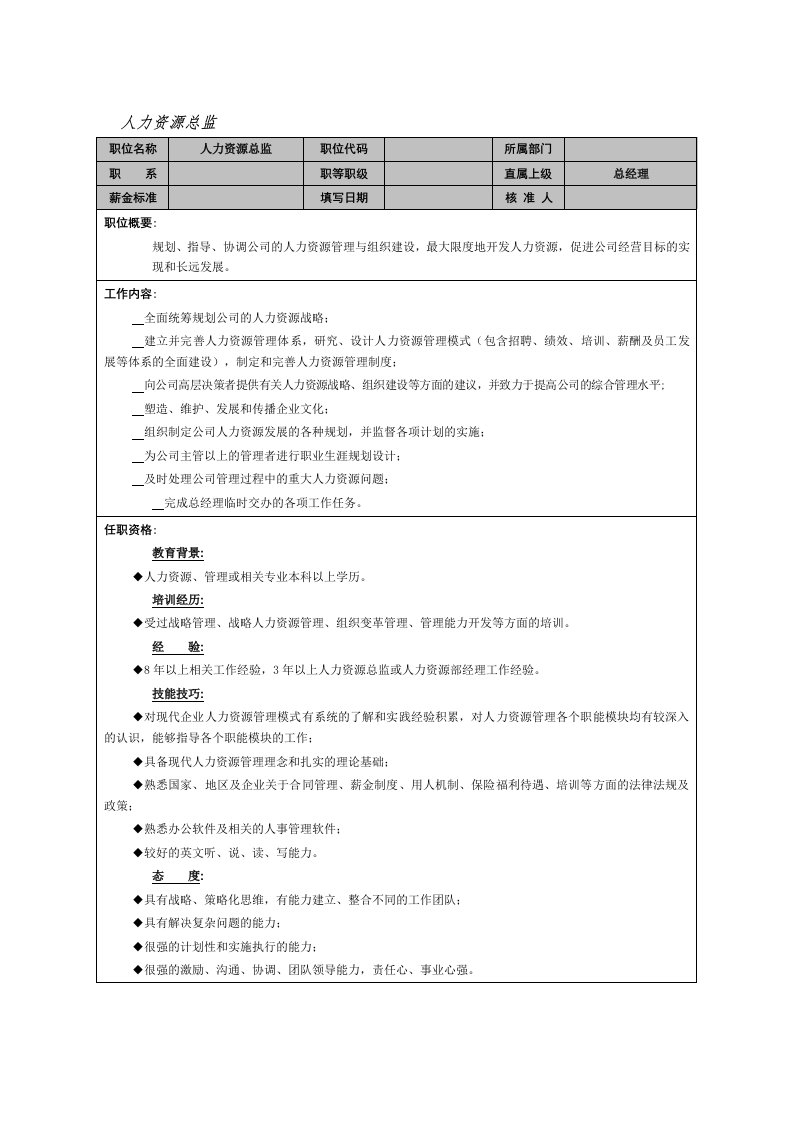 岗位职责-人力资源总监岗位说明书1