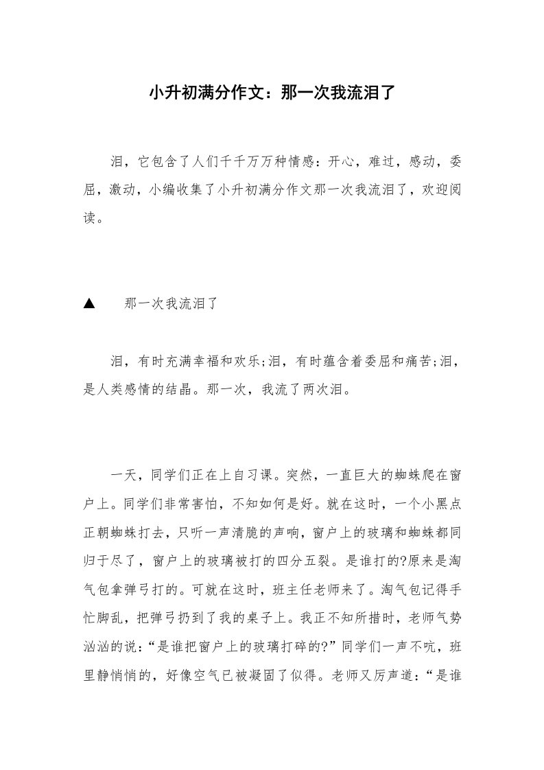 小升初满分作文：那一次我流泪了