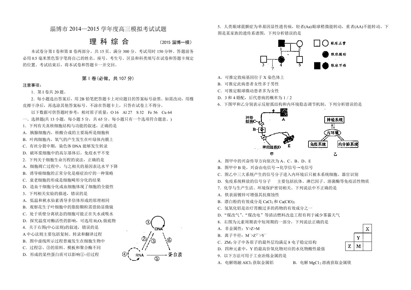 淄博市2014-2015学年度高三模拟考试试题理科综合