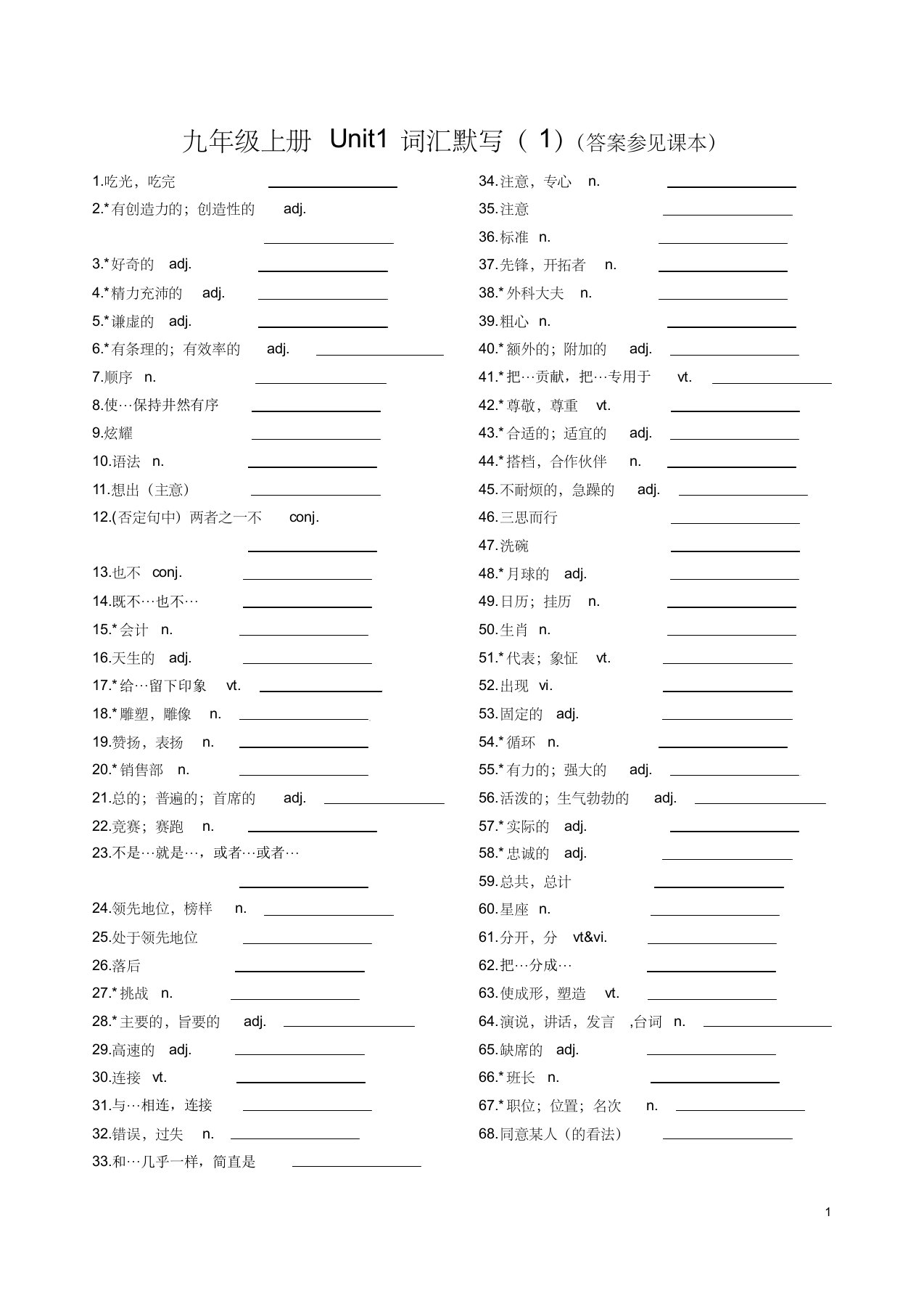 苏教版九年级上册英语词汇默写表