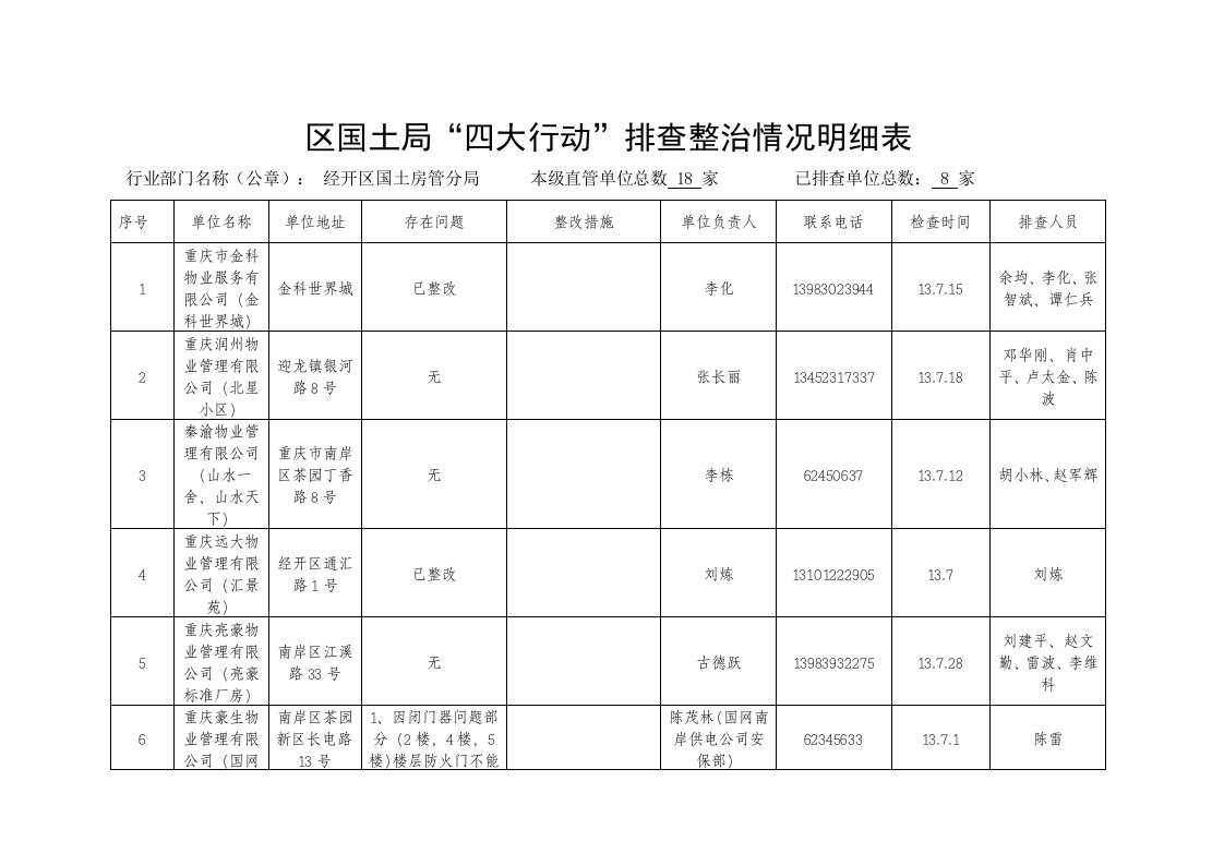 区国土局四大行动排查整治情况明细表