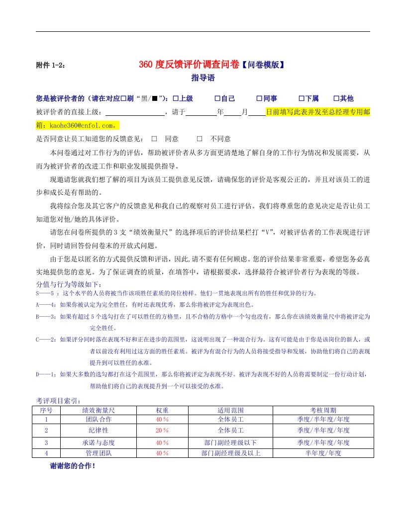 【管理精品】附件1-2：年度绩效考评－360度反馈评价问卷(适用于经理级以下人员)