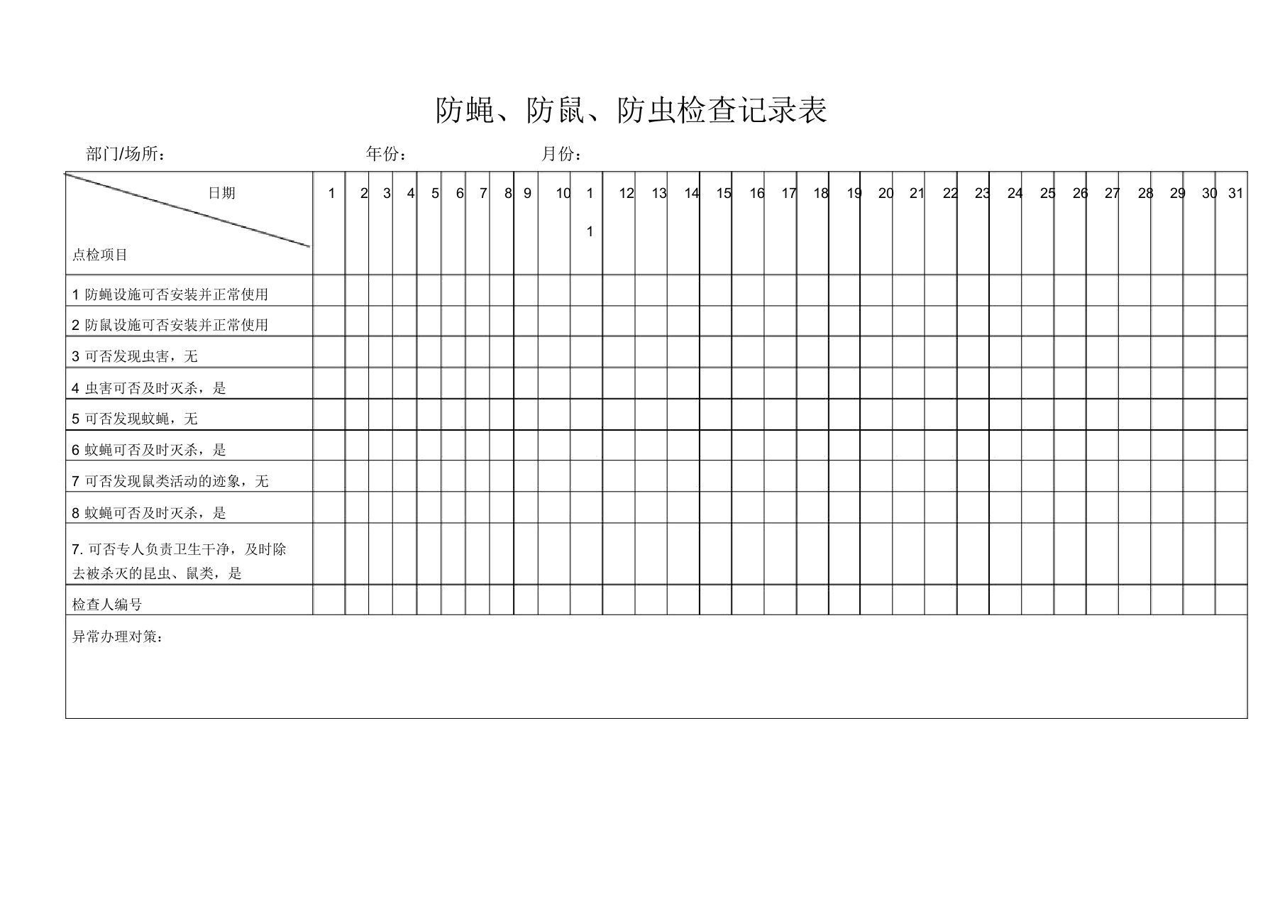 防蝇防鼠防虫检查记录表格