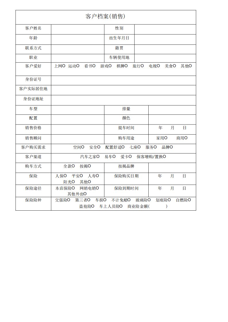 4S店销售客户档案表格模板