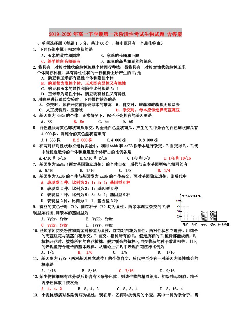 2019-2020年高一下学期第一次阶段性考试生物试题