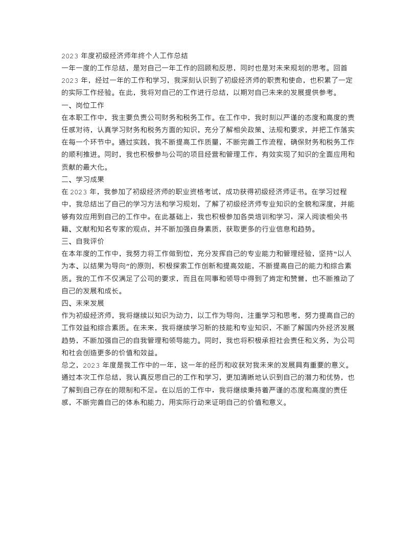 2023初级经济师年终个人工作总结