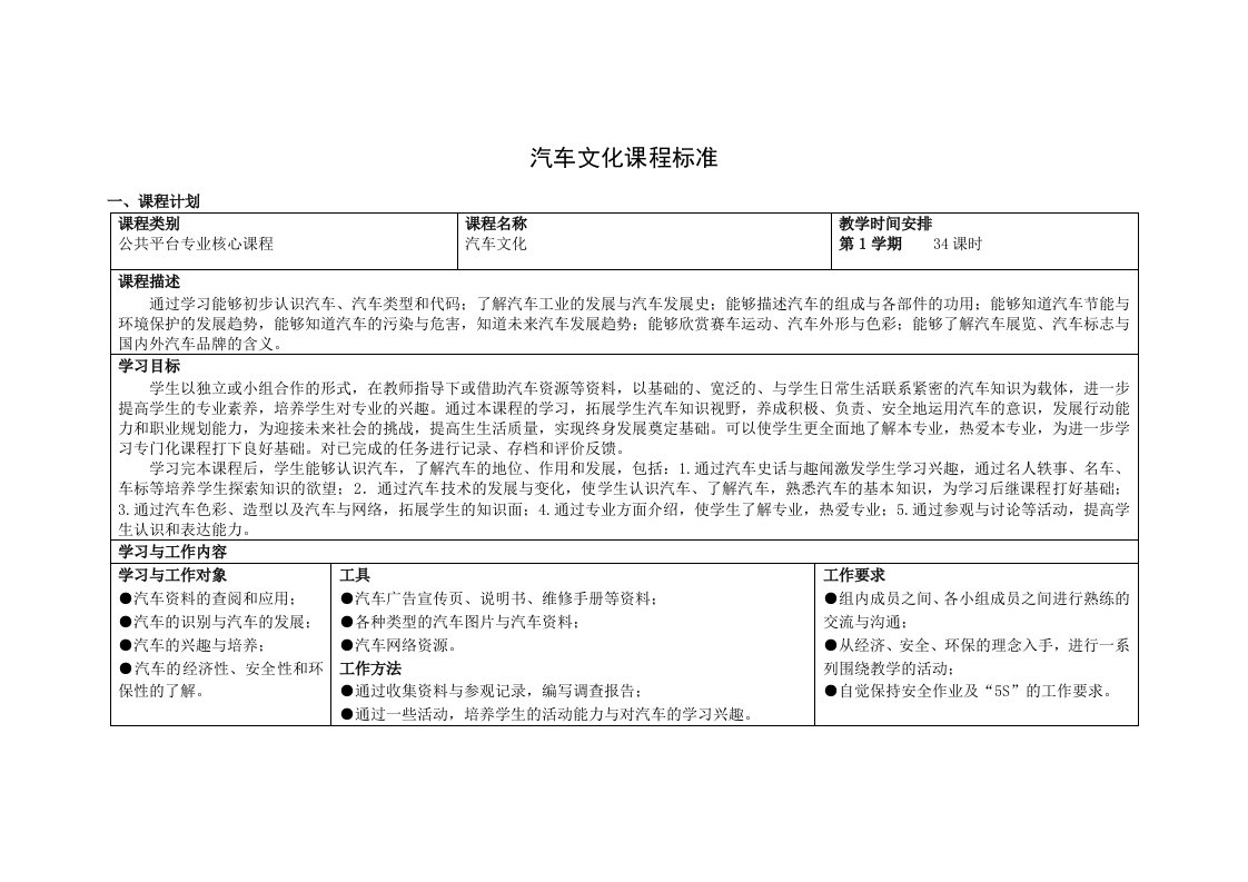 汽车文化课程标准