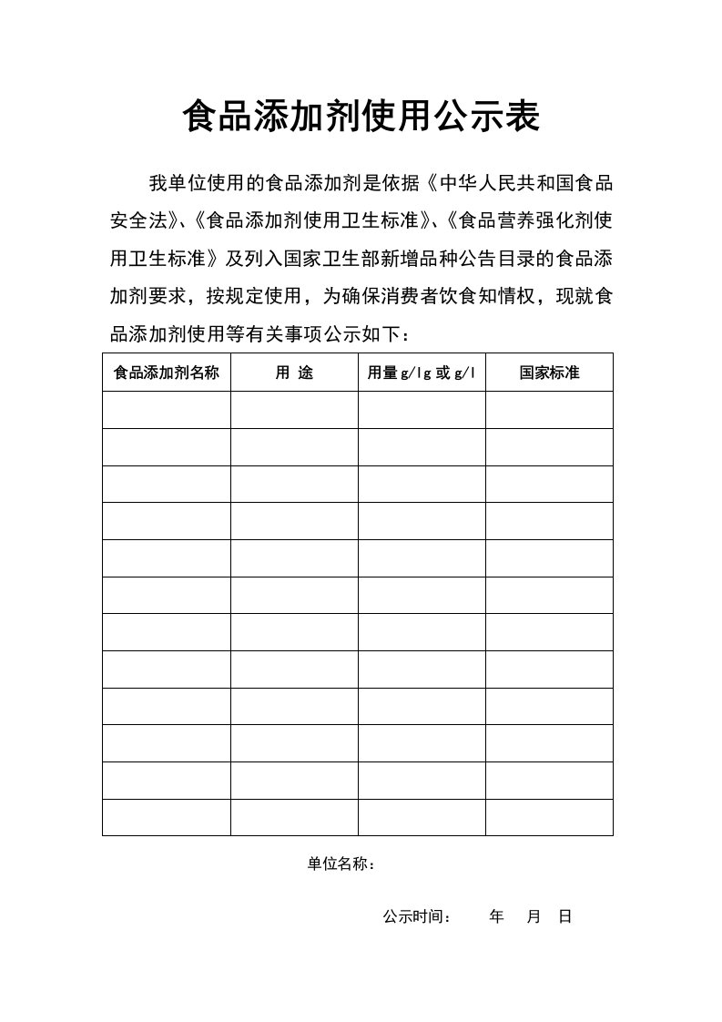 食品添加剂使用公示表