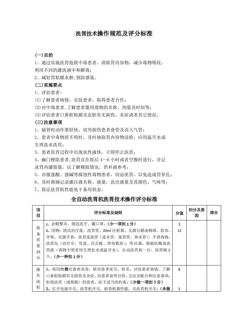 洗胃技术操作规范及评分标准