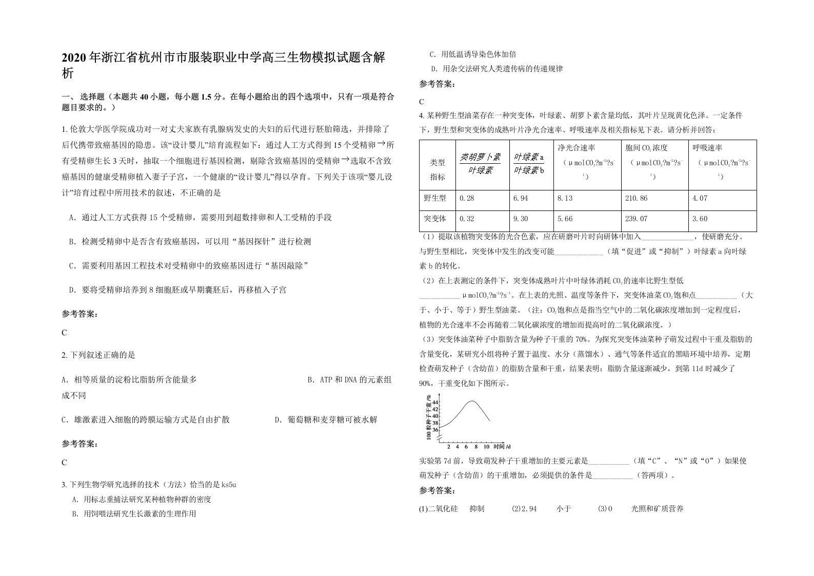 2020年浙江省杭州市市服装职业中学高三生物模拟试题含解析