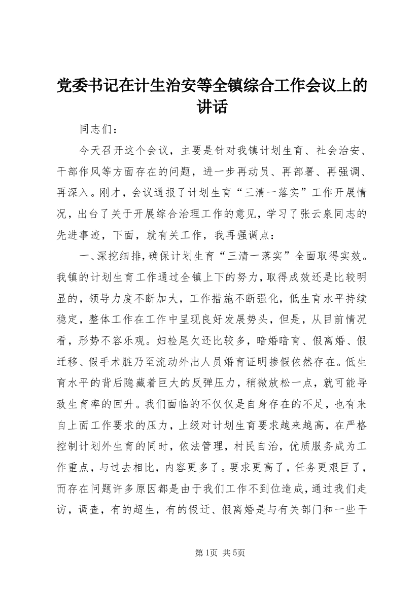 党委书记在计生治安等全镇综合工作会议上的讲话