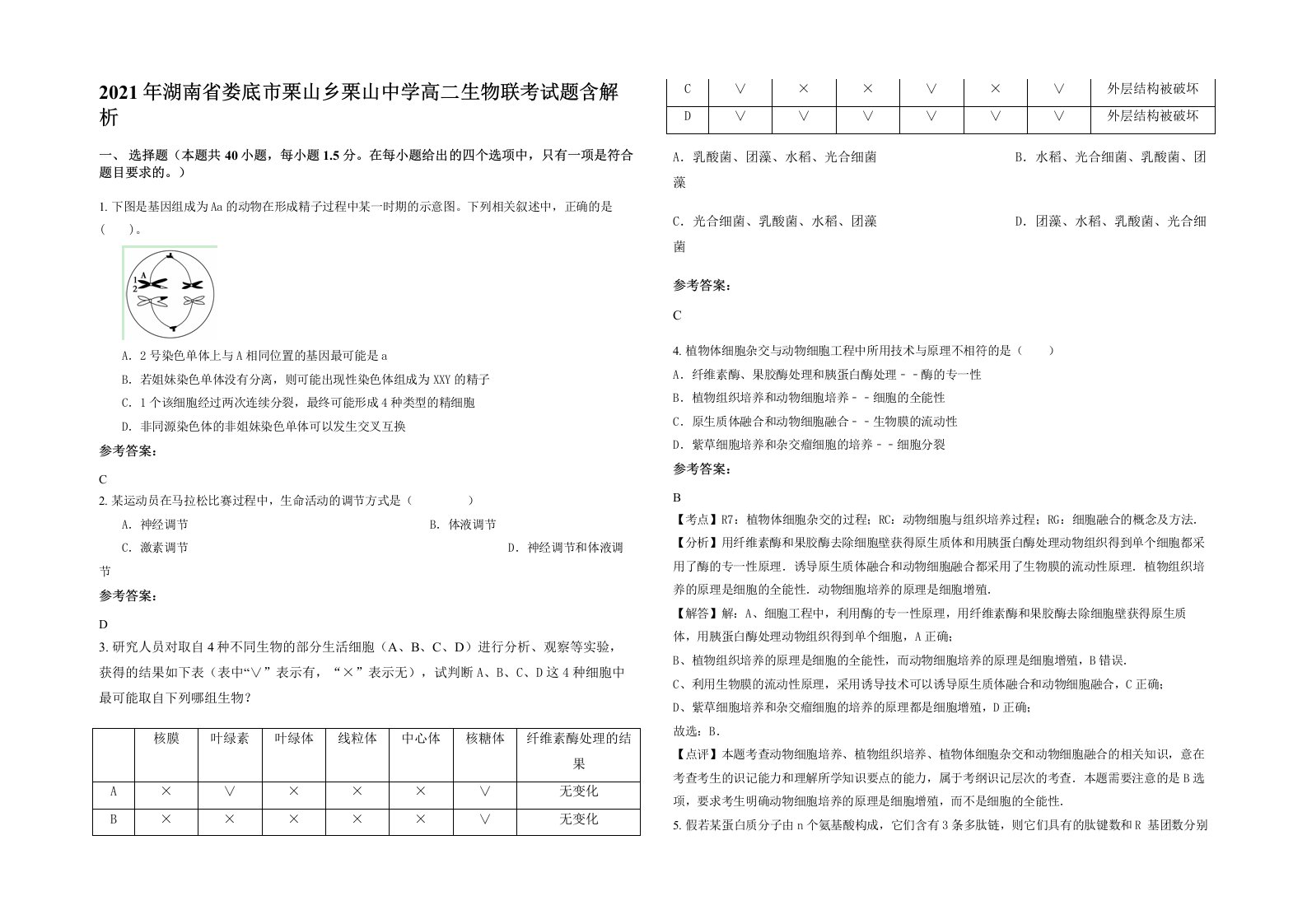 2021年湖南省娄底市栗山乡栗山中学高二生物联考试题含解析