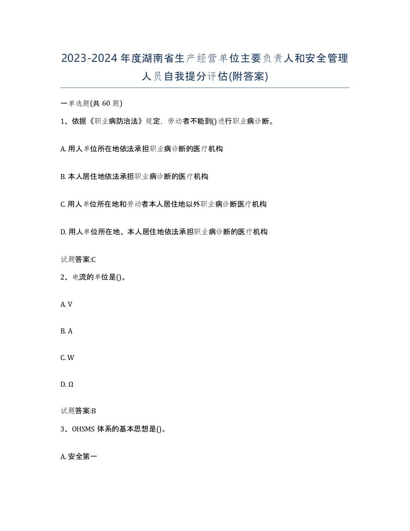 20232024年度湖南省生产经营单位主要负责人和安全管理人员自我提分评估附答案