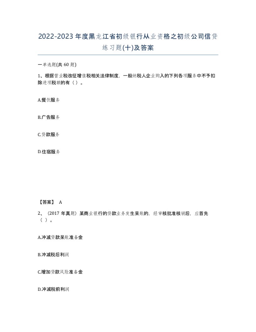 2022-2023年度黑龙江省初级银行从业资格之初级公司信贷练习题十及答案