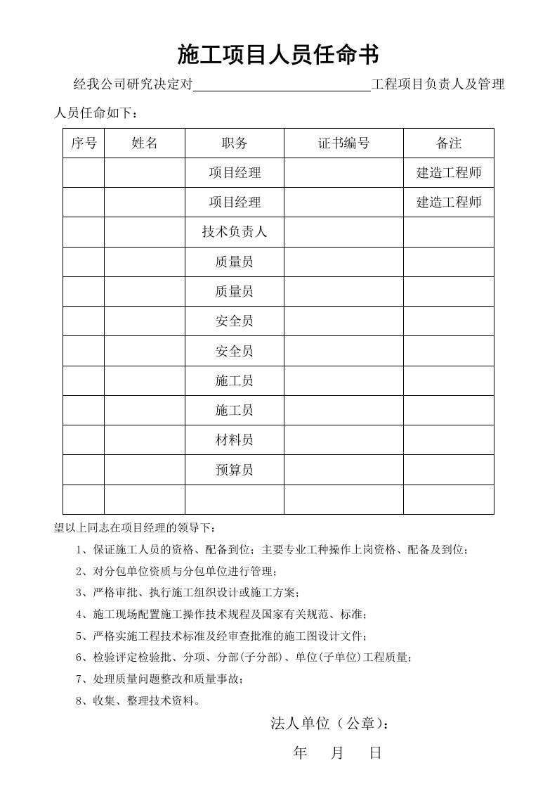 施工项目人员任命书