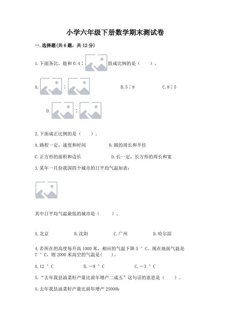 小学六年级下册数学期末测试卷含答案（轻巧夺冠）