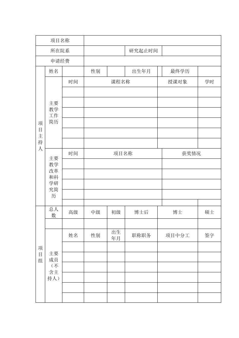 精选海南大学多媒体课件研究项目申请书表格