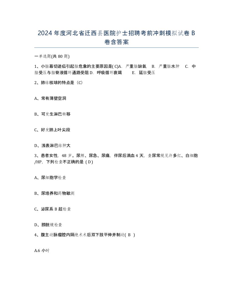 2024年度河北省迁西县医院护士招聘考前冲刺模拟试卷B卷含答案