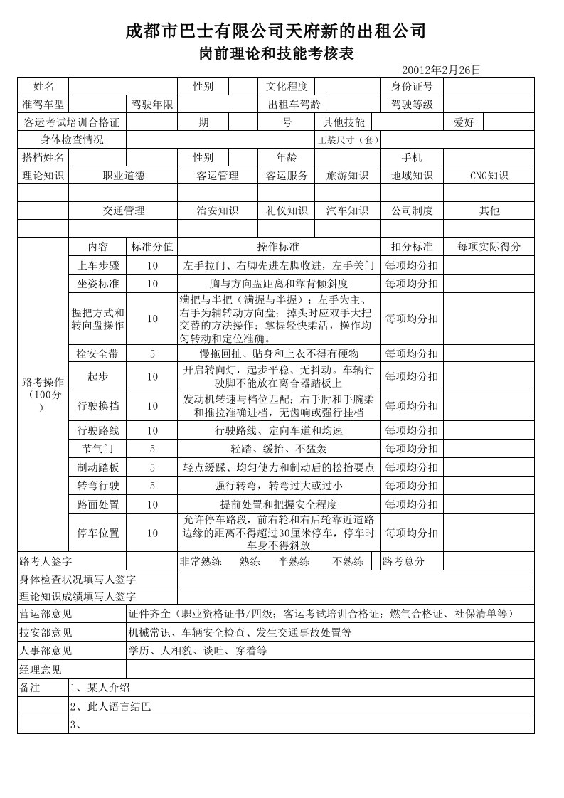 驾驶员岗前理论和技能考核表