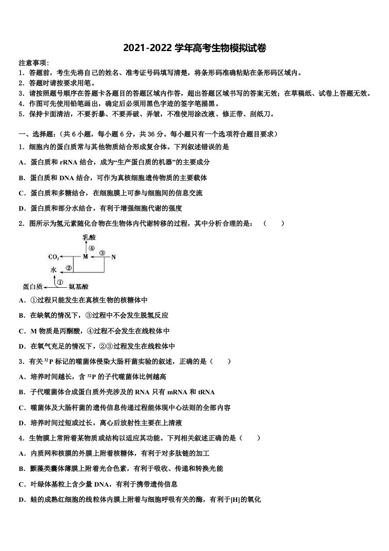 2022届贵州省铜仁市思南县思南中学高三第三次模拟考试生物试卷含解析