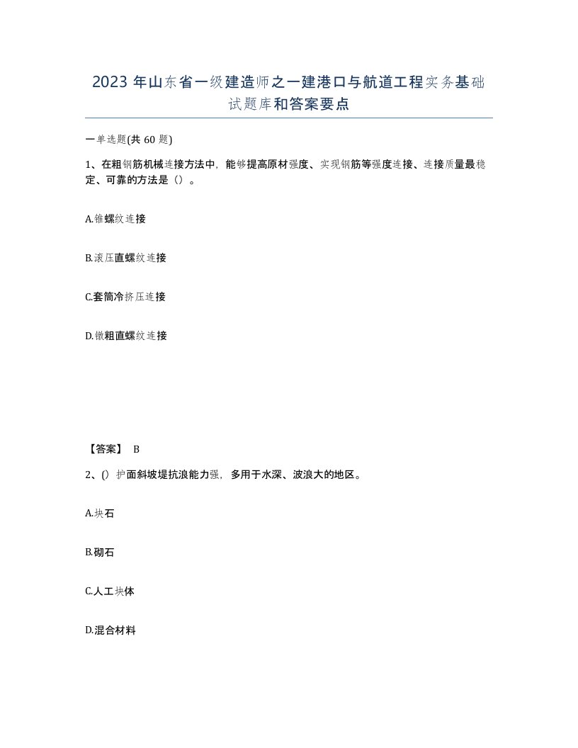 2023年山东省一级建造师之一建港口与航道工程实务基础试题库和答案要点