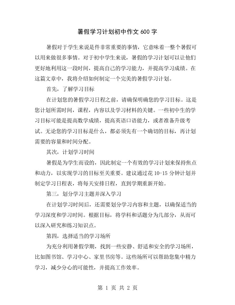 暑假学习计划初中作文600字