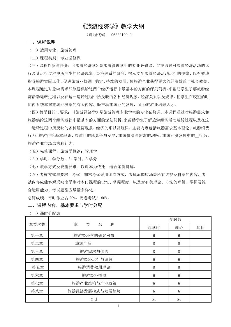 旅游经济学教学大纲