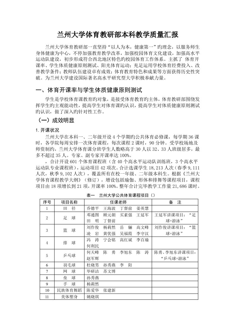 兰州大学体育教研部本科教学质量报告