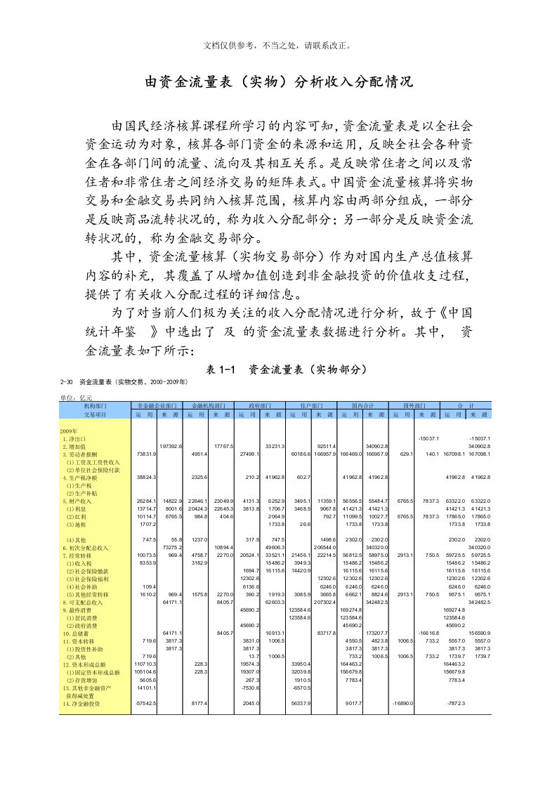 国民经济核算-由资金流量表(实物)分析收入分配情况