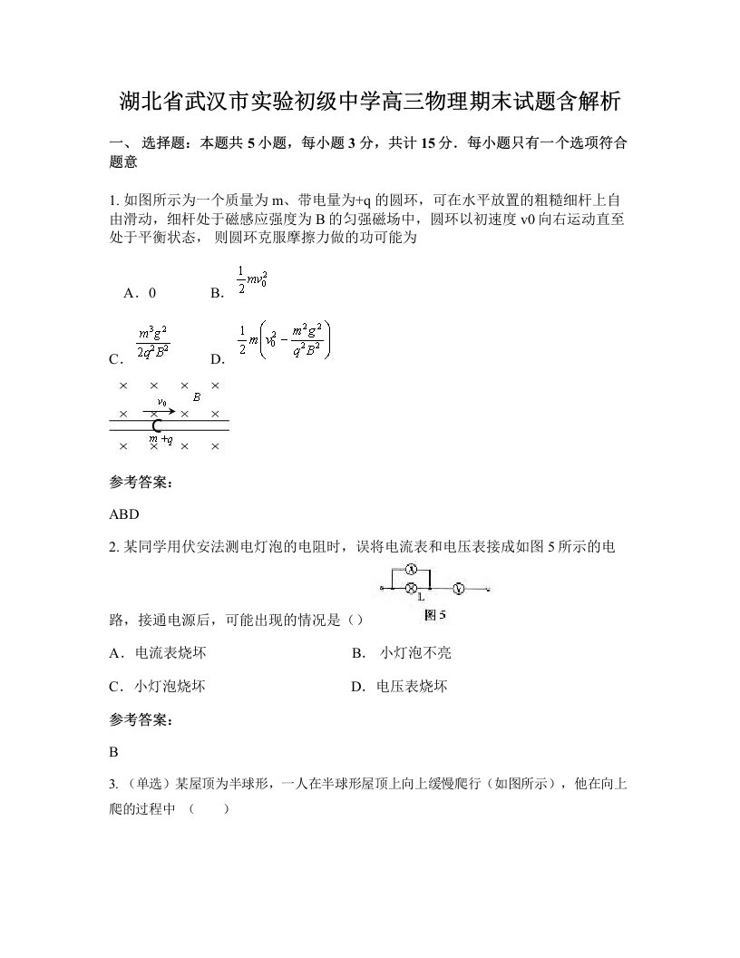 湖北省武汉市实验初级中学高三物理期末试题含解析