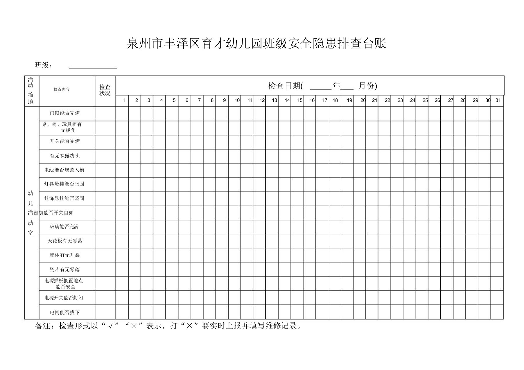 幼儿园班级安全隐患排查台账