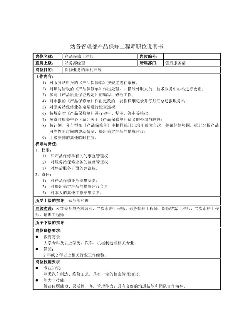 精选站务管理部产品保修工程师职位说明书