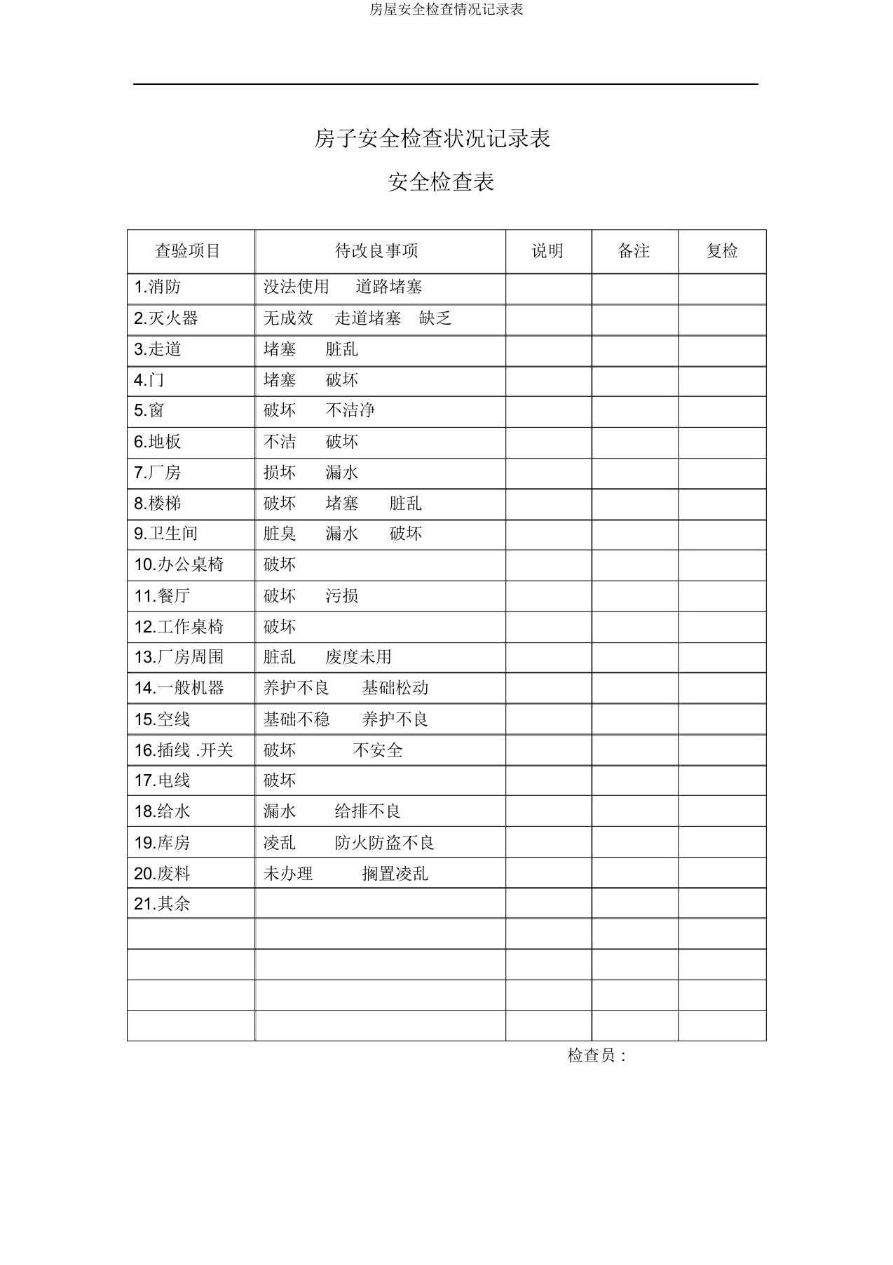 房屋安全检查情况记录表