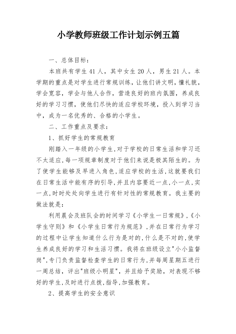 小学教师班级工作计划示例五篇