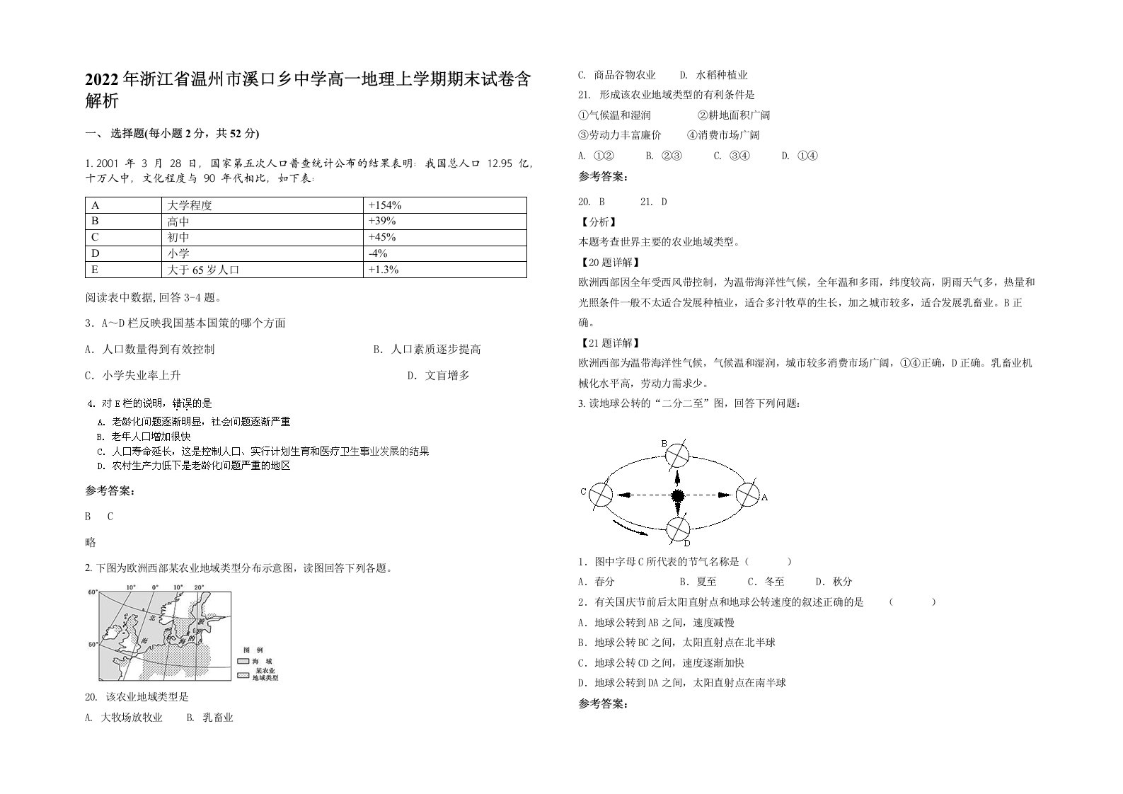 2022年浙江省温州市溪口乡中学高一地理上学期期末试卷含解析