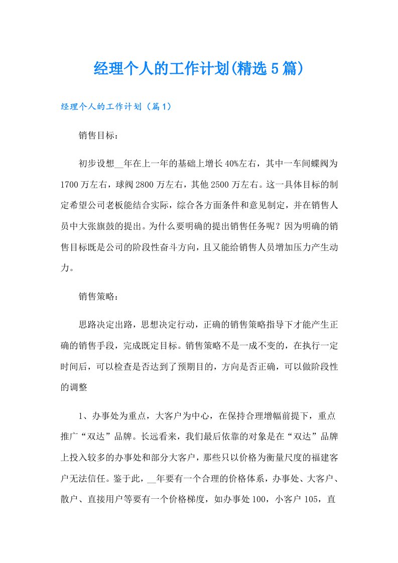 经理个人的工作计划(精选5篇)