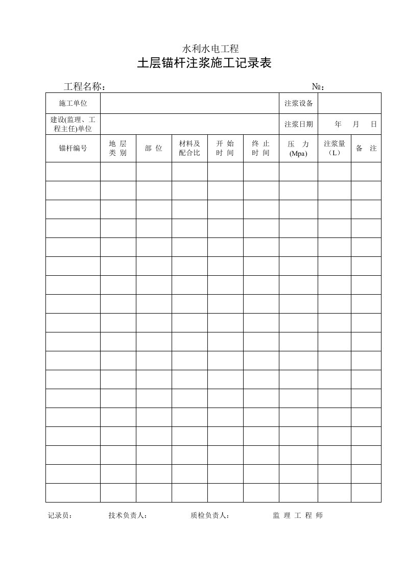 工程资料-土层锚杆注浆记录表